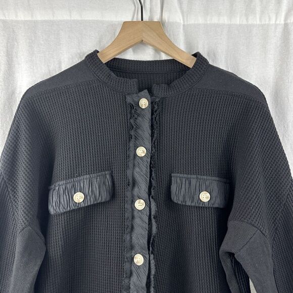 Chouyatou Black Waffleknit Oversized Button Up Shirt Jacket Lounge Womens L - Picture 4 of 13